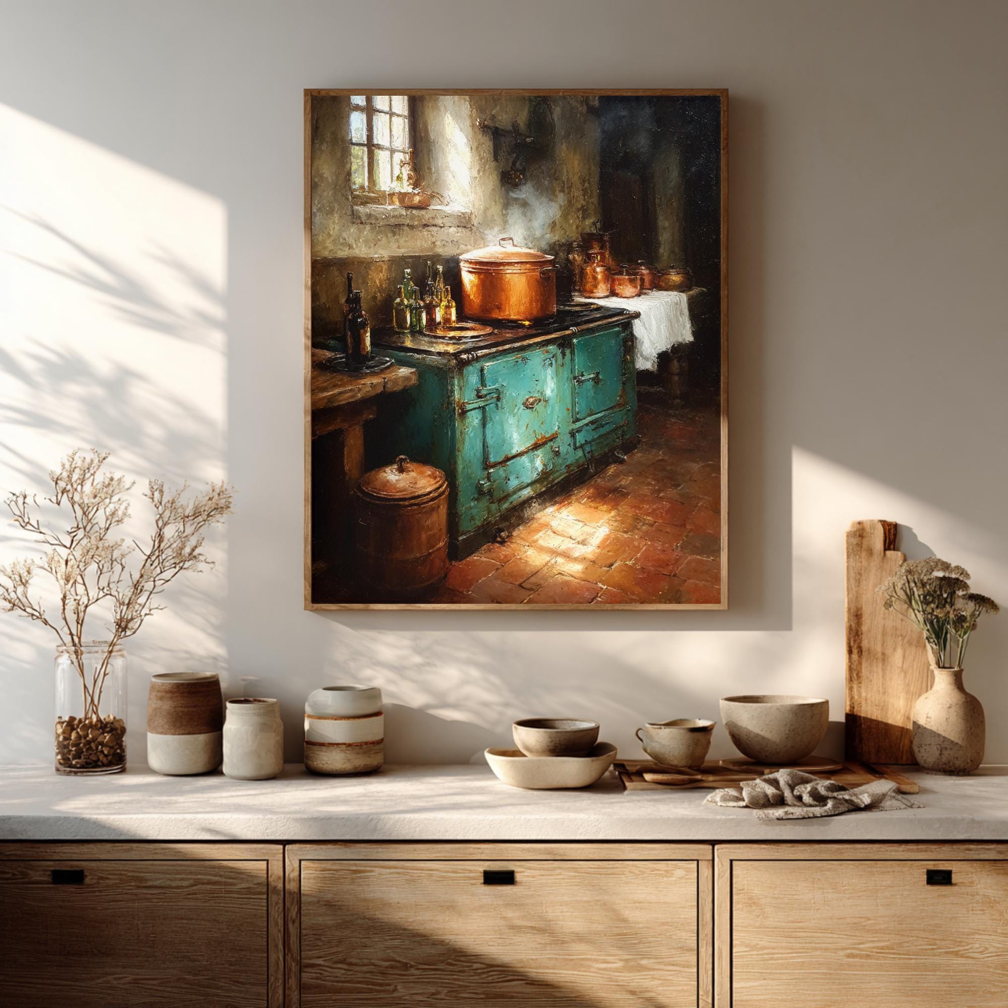 Vintage Farmhouse Kitchen Wall Art, Rustic Copper Pot Framed Canva, Old