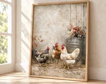 May include: A framed wall art print featuring three chickens standing on a dirt ground. One chicken is black and white speckled, one is brown, and one is white. A metal bucket filled with red and white flowers sits in the background.