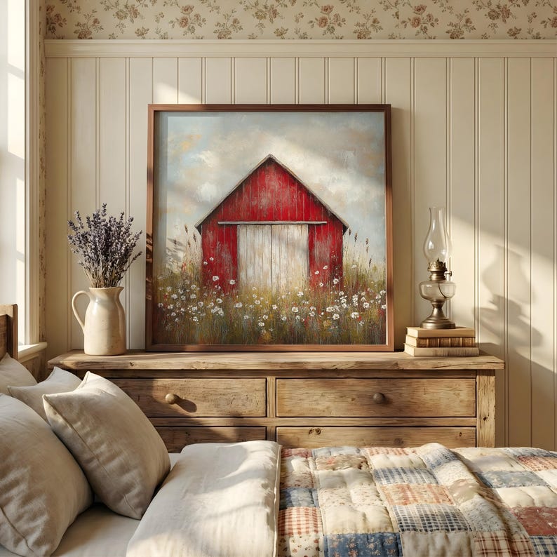 Rustic Red Barn Wall Art, Country Farmhouse Landscape Print, Vintage ...