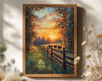 Puede incluir: Un óleo enmarcado que representa un paisaje rural al atardecer. La escena muestra una valla de madera que atraviesa un campo de hierba con tres vacas oscuras cerca de la valla, rodeada de árboles bajo un cielo de tonos naranja y amarillo.