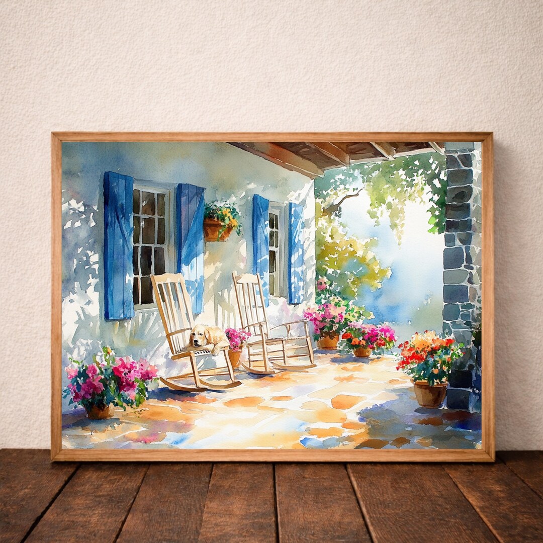 Cottage Porch Wall Art Print, French Country Patio Painting, Farmhouse ...
