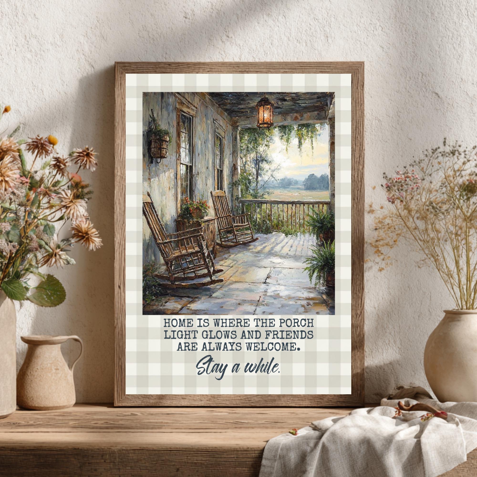 Farmhouse Porch Wall Art Print With Welcome Home Quote, Rustic Rocking ...