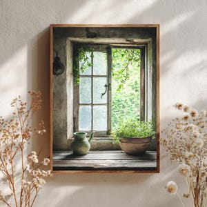 May include: A framed print of a rustic window scene. The window, with a wooden frame, looks out onto lush greenery. A small green pitcher and a wooden bowl with plants sit on the windowsill. The scene is framed by dried flowers.