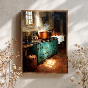 Può includere: Dipinto incorniciato di una scena di cucina rustica. Un fornello turchese con pentole e padelle di rame è al centro. La luce del sole entra da una finestra, illuminando la stanza. Bottiglie e un tavolo di legno in primo piano.