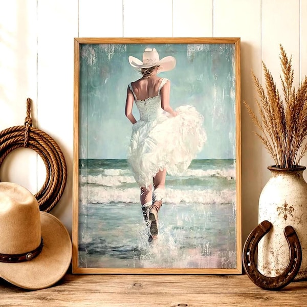 Coastal Cowgirl Wall Art Canvas, Western Beach Cowgirl Print, Feminine Ranch Decor, Neutral Cowboy Bedroom Portrait Art