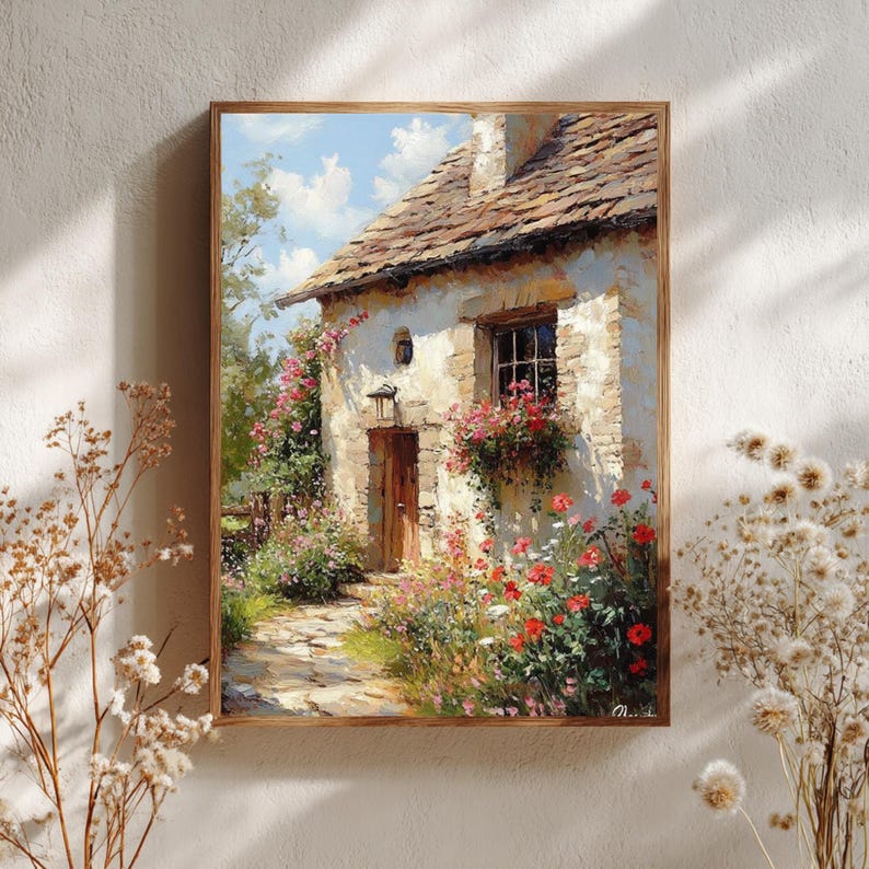 Cottage Garden House Wall Art, Vintage Country Cottage Canvas Print ...