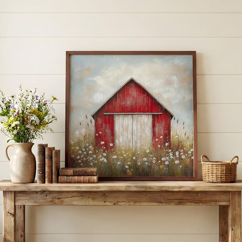 Rustic Red Barn Wall Art, Country Farmhouse Landscape Print, Vintage ...