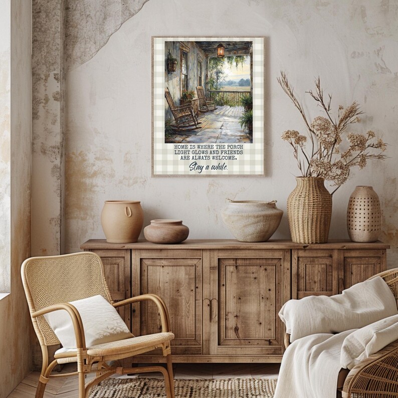 Farmhouse Porch Wall Art Print With Welcome Home Quote, Rustic Rocking ...