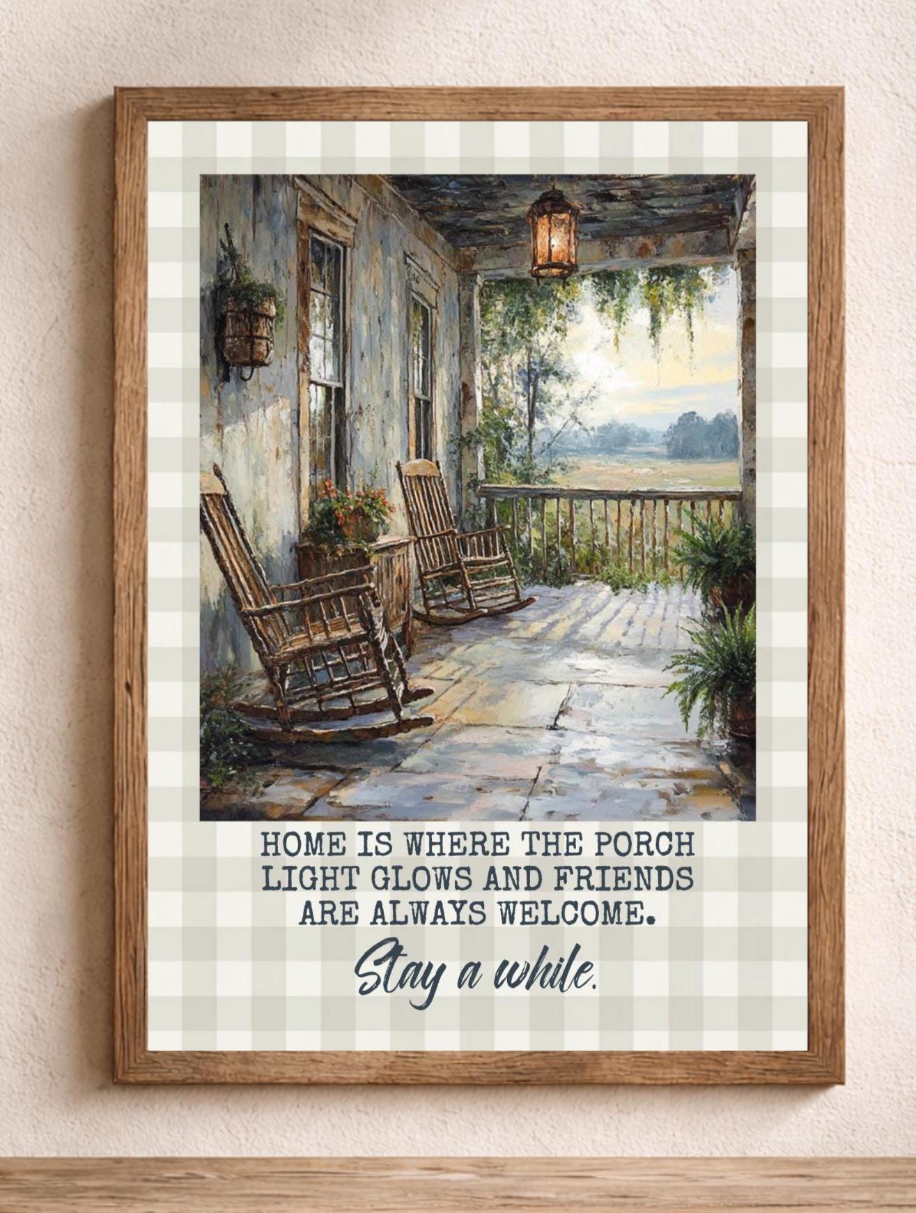 Farmhouse Porch Wall Art Print With Welcome Home Quote, Rustic Rocking ...