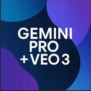 Può includere: Grafica digitale con sfondo blu scuro e forme astratte blu e viola. Il testo bianco recita "GEMINI PRO + VEO 3". Il design è moderno e pulito.