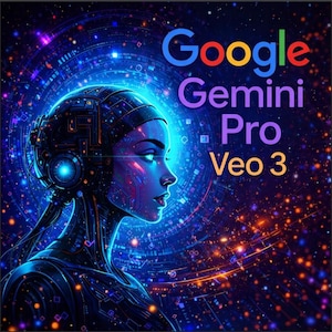 May include: Digital art featuring a futuristic female figure with glowing blue skin and circuitry details. The image includes the text "Google Gemini Pro Veo 3" in colorful lettering against a dark, starry background.
