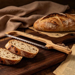 May include: A wooden bread knife with a serrated metal blade and a light-colored wood handle featuring the engraved text "Amus Rowan". The knife is positioned on a dark wooden cutting board next to two slices of bread and a loaf of bread.