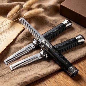 May include: Three folding combs with black handles and silver-toned metal accents. Each handle features custom engraving: one reads William, another Dad My Hero, and the third Stay Sharp. The combs are displayed in a partially open, fan-like arrangement.