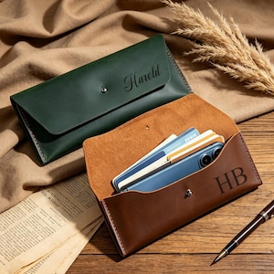 Genuine Leather Envelope Long Wallet, Slim Handmade Leather Clutch Purse, Minimalist Phone Card Holder, Vintage Daily Pouch Gift for Men