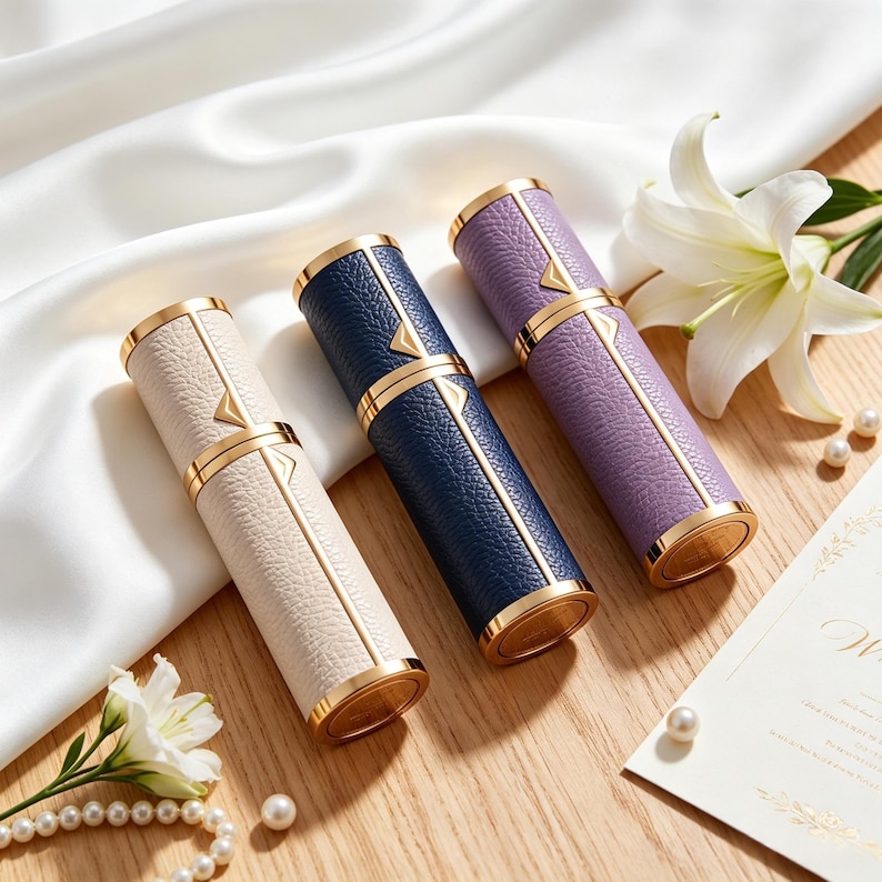 K&ouml;nnte beinhalten: Drei zylindrische Parf&uuml;mzerst&auml;uber in Creme, Marineblau und Lila mit goldenen Akzenten. Die Zerst&auml;uber sind auf einer Holzoberfl&auml;che mit wei&szlig;em Stoff, Perlen und Blumen angeordnet. Jeder Zerst&auml;uber ist etwa 10 cm lang.