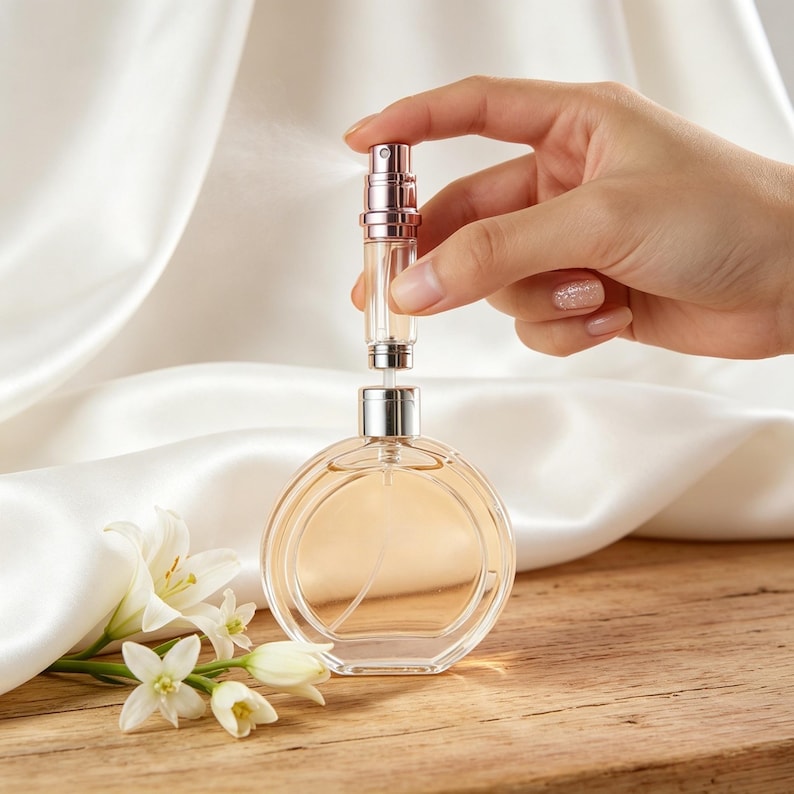 K&ouml;nnte beinhalten: Eine klare, runde Parf&uuml;mflasche mit silbernem Verschluss und separatem Zerst&auml;uber. Eine Hand spr&uuml;ht das Parf&uuml;m. Die Flasche ist mit einer hellen, bernsteinfarbenen Fl&uuml;ssigkeit gef&uuml;llt. Wei&szlig;e Blumen und ein wei&szlig;es Satintuch sind im Hintergrund.