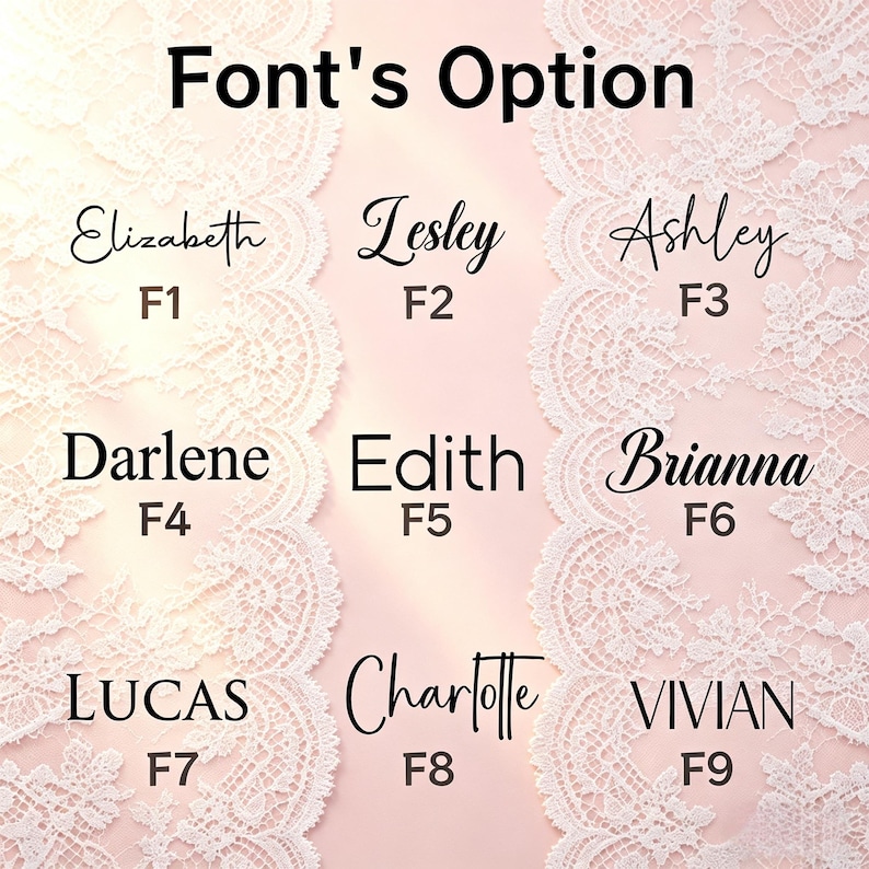 K&ouml;nnte beinhalten: Darstellung von neun Schriftoptionen f&uuml;r Namen, darunter "Elizabeth", "Lesley" und "Ashley", jeweils mit einem entsprechenden Code. Der Text "Font's Option" steht oben. Der Hintergrund ist ein zartes Rosa mit einem Spitzendesign.