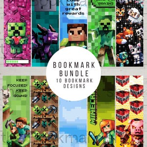 May include: A set of 10 printable Minecraft bookmark designs. The bookmarks feature various characters and themes from the popular video game, including Steve, a creeper, a pig, and a cow. The bookmarks are designed to be printed on standard letter-sized paper.