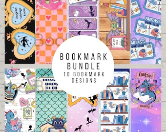 Bookish Fantasy Printable Bookmark Bundle – Digital Download – Bookish Girl, Dragon, Booktok
