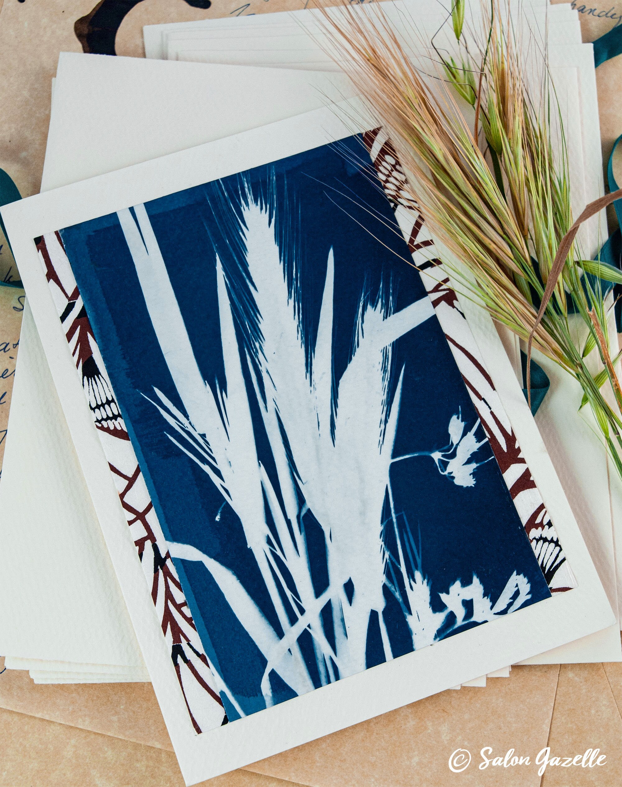 Cyanotype Greeting Card With Spring Botanicals and Collaged Edges - Etsy