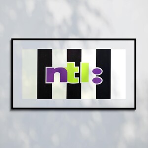 May include: Framed artwork with a black frame. The artwork features a black and white striped background with the letters "ntl:8" in purple and green. The artwork is rectangular and hangs on a white wall.