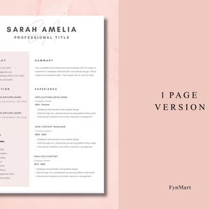 以下が含まれることがあります： 「Sarah Amelia」という名前と「Professional Title」というタイトルが上部に記載された履歴書のテンプレート。連絡先、学歴、スキル、概要、職務経験のセクションが含まれています。「1 PAGE VERSION」という文字が右側にあります。