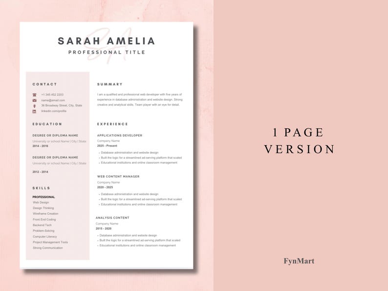 以下が含まれることがあります： 「Sarah Amelia」という名前と「Professional Title」というタイトルが上部に記載された履歴書のテンプレート。連絡先、学歴、スキル、概要、職務経験のセクションが含まれています。「1 PAGE VERSION」という文字が右側にあります。