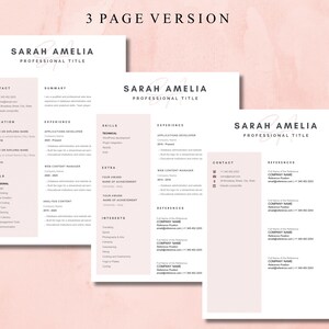 以下が含まれることがあります： ミニマルなデザインの3ページ履歴書テンプレート。「SARAH AMELIA PROFESSIONAL TITLE」という見出しが、すっきりとしたモダンなフォントで表示されています。履歴書はソフトピンクの配色で、連絡先、スキル、経験のセクションがあります。