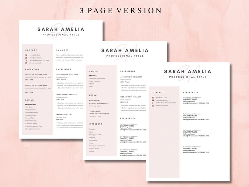 以下が含まれることがあります： ミニマルなデザインの3ページ履歴書テンプレート。「SARAH AMELIA PROFESSIONAL TITLE」という見出しが、すっきりとしたモダンなフォントで表示されています。履歴書はソフトピンクの配色で、連絡先、スキル、経験のセクションがあります。