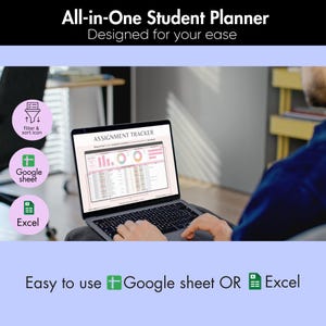以下が含まれることがあります： 「All-in-One Student Planner」と「Designed for your ease」のテキストが表示された、課題トラッカーを表示するラップトップ。フィルタリング、Google Sheets、Excelのアイコンも表示されています。「Easy to use Google sheet OR Excel」のテキストも表示されています。