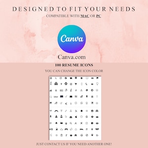 以下が含まれることがあります： 青と緑の円の中にCanvaのロゴが入ったデジタルグラフィック、テキスト「Canva.com」、および「100個の履歴書アイコン」。画像には、白黒の履歴書アイコンのグリッドも含まれています。上部のテキストは「ニーズに合わせて設計されています」と表示されています。