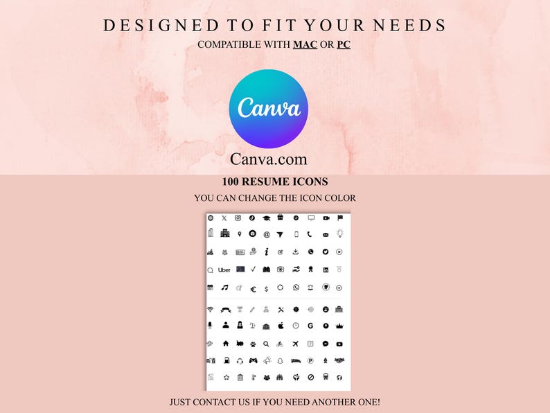 以下が含まれることがあります： 青と緑の円の中にCanvaのロゴが入ったデジタルグラフィック、テキスト「Canva.com」、および「100個の履歴書アイコン」。画像には、白黒の履歴書アイコンのグリッドも含まれています。上部のテキストは「ニーズに合わせて設計されています」と表示されています。