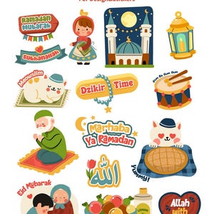 May include: A collection of colorful vector illustrations with text, including "Ramadan Kareem," a mosque, a lantern, and a cat. Other illustrations include a drum, a bowl of fruit, and the text "Allah with us."