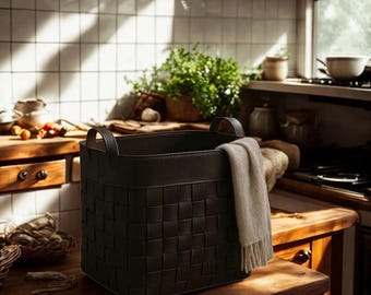 Handwoven Leather Storage Basket, Black Leather Organizer Bin, Minimalist Home Decor Basket, Woven Leather Tote, Gift for Home