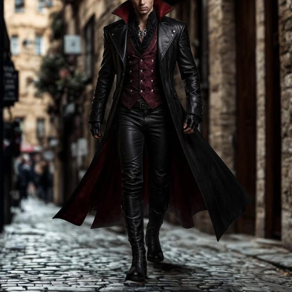 Men Gothic Vampire Leather Costume Genuine Cow Leather Long Coat Vest Pants HANDMADE