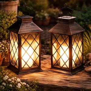 May include: Two bronze-effect outdoor lanterns with diamond-patterned glass panels and a handle. The lanterns emit a warm light, creating a cosy atmosphere. They are placed on a wooden surface, surrounded by greenery, perfect for a garden.