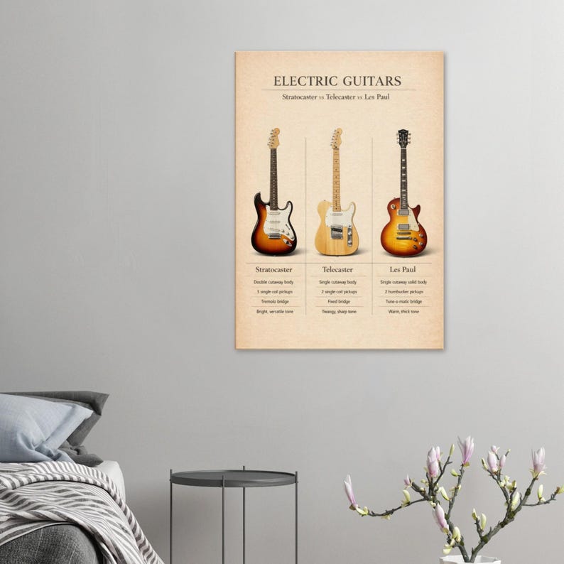 The image is a poster or artwork that displays three different electric guitars, each with its own unique design and features.
