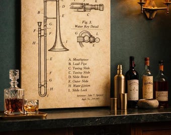 Trombone Blueprint Poster | Printable Wall Art | Brass Instrument Patent | Digital Download