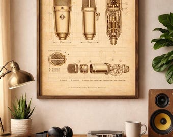Vintage Microphone Blueprint | Recording Studio Print | Digital Download