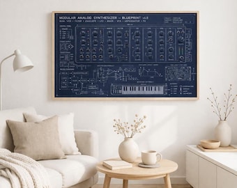 Sintetizador modular enmarcado / Decoración de estudio electrónico / Arte con diagramas de sintetizadores