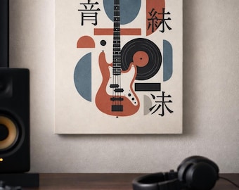 Japandi Bass Guitar Poster | Minimalist Wall Art | Blueprint Style Print