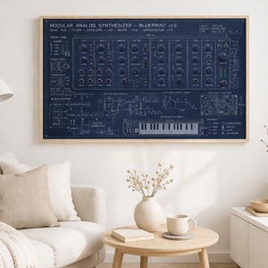 Sintetizador modular enmarcado / Decoración de estudio electrónico / Arte con diagramas de sintetizadores