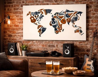 World Instruments Map Canvas | Cultural Silhouette Art | Global Diagram