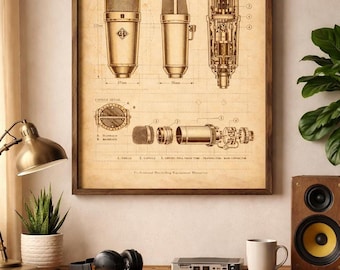 Vintage Microphone Blueprint | Recording Studio Print | Digital Download