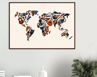 World Instruments Map Framed | Global Diagram | Cultural Decor Art
