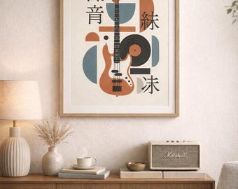 Japandi Bass Guitar Print | Minimalist Music Wall Art | Blueprint Style Decor | Digital Download