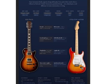 Guitar Anatomy Poster, Framed Print or Canvas, Les Paul vs Stratocaster