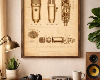 Vintage Mikrofon Blueprint | Druckbare Wandkunst | Tonstudio Dekor | Digitaler Download