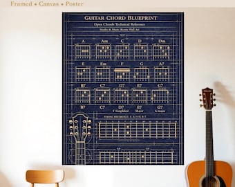 Gitarrenakkord Poster | Öffnen Sie Akkorde Blueprint | Musik Wand Kunst | Geschenk für Ihn