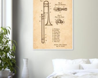 Trombone Patent Blueprint Framed | Brass Diagram | Musician Wall Art